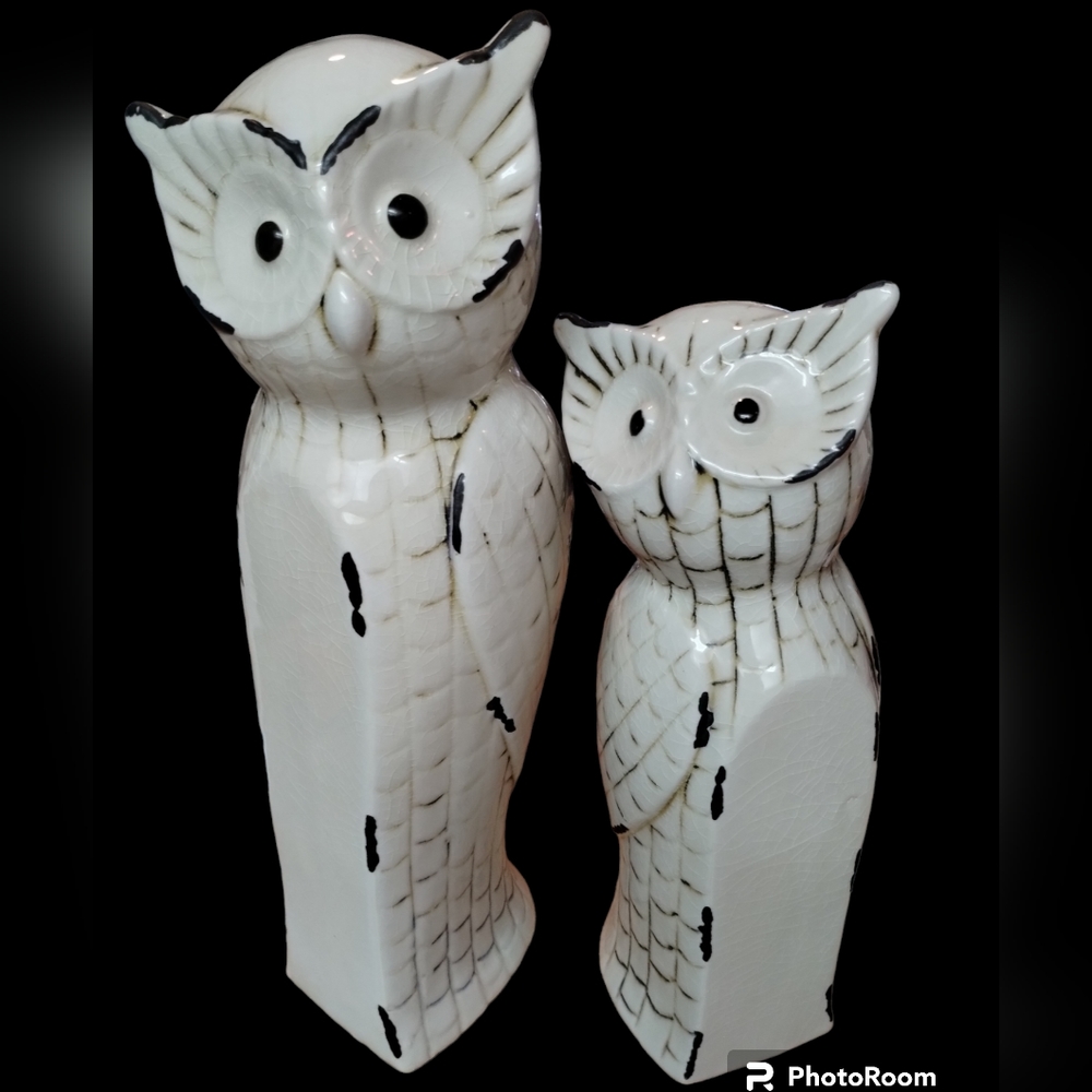 Antique Ivory Vintage Finish Ceramic Owls Set of 2